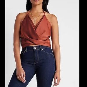 Express Rust Halter Satin Wrap Top